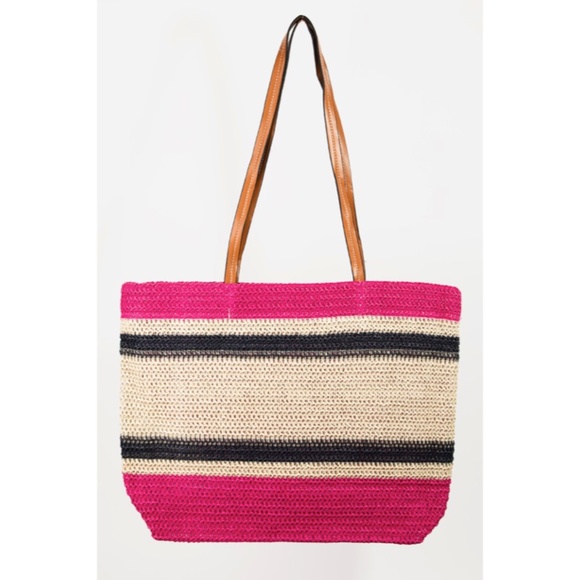 SOLD OUT Fuchsia Hello Weekend Straw Braided Tote Bag - Picture 3 of 4